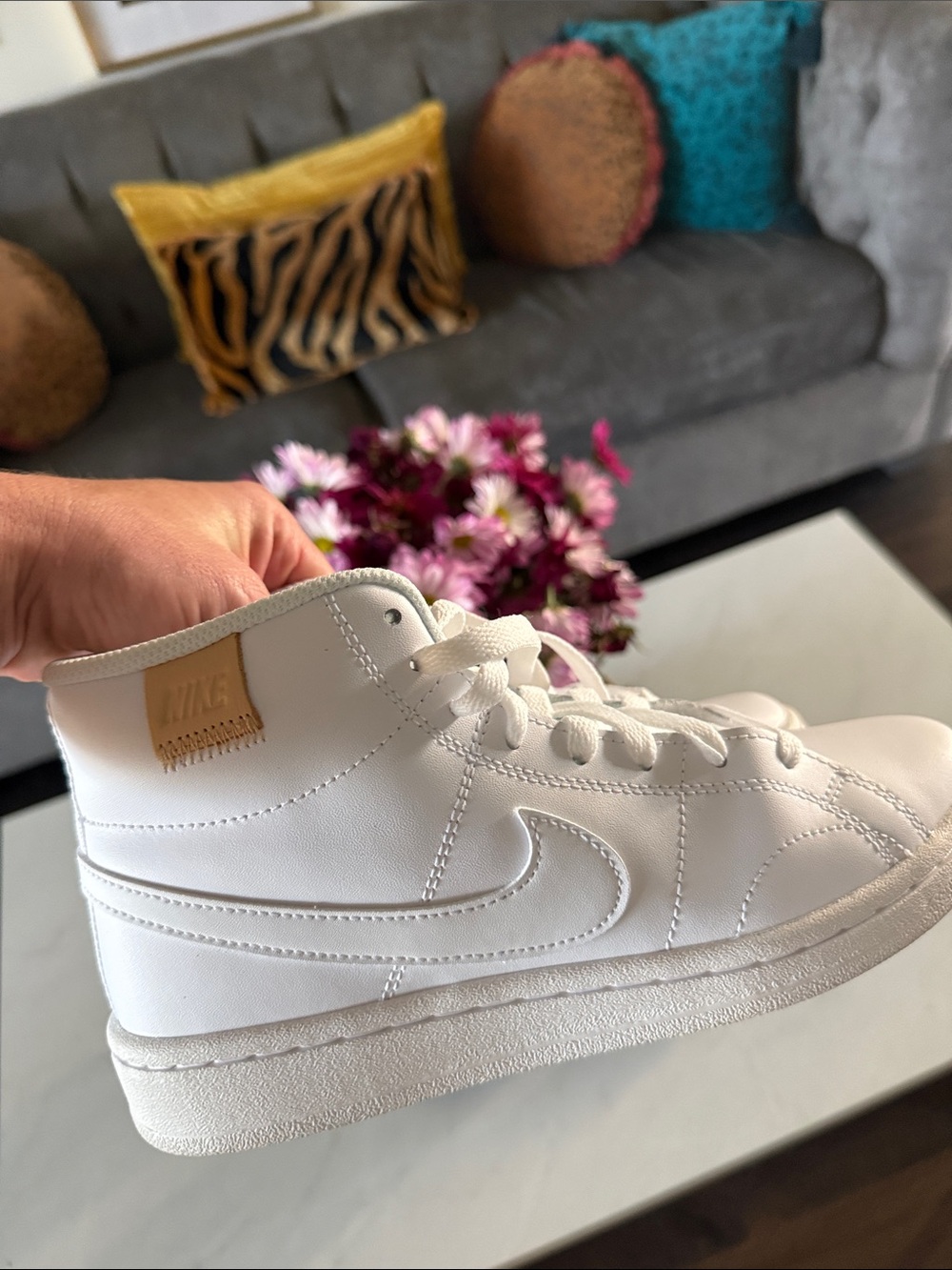 Nike White High-Top Sneakers with Tan Patch